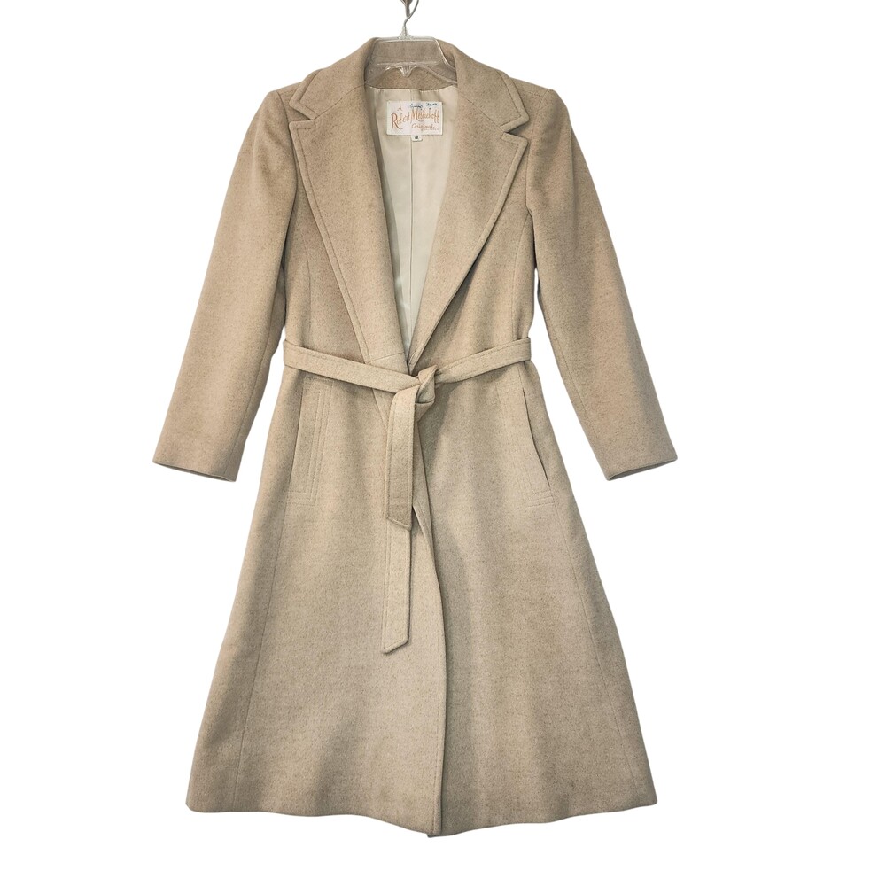 Vintage Robert Meshekoff Coat Womens 12 Beige 100% Cashmere Belted Long Trench